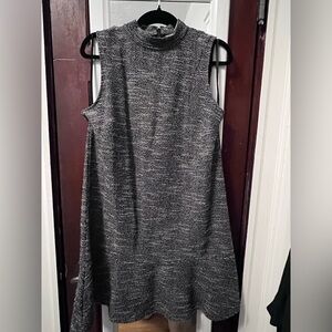 Chic Black and White Tweed Mock Neck Dress with Ruffle Hem